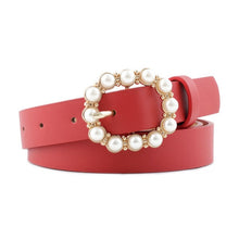 Load image into Gallery viewer, Fashion Pearl Decorative Belt Ladies Belt  Round Pin Buckle Pearl Belts Women's Casual Solid PU Leather Thin Belt
