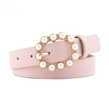 Load image into Gallery viewer, Fashion Pearl Decorative Belt Ladies Belt  Round Pin Buckle Pearl Belts Women's Casual Solid PU Leather Thin Belt
