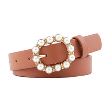 Load image into Gallery viewer, Fashion Pearl Decorative Belt Ladies Belt  Round Pin Buckle Pearl Belts Women's Casual Solid PU Leather Thin Belt
